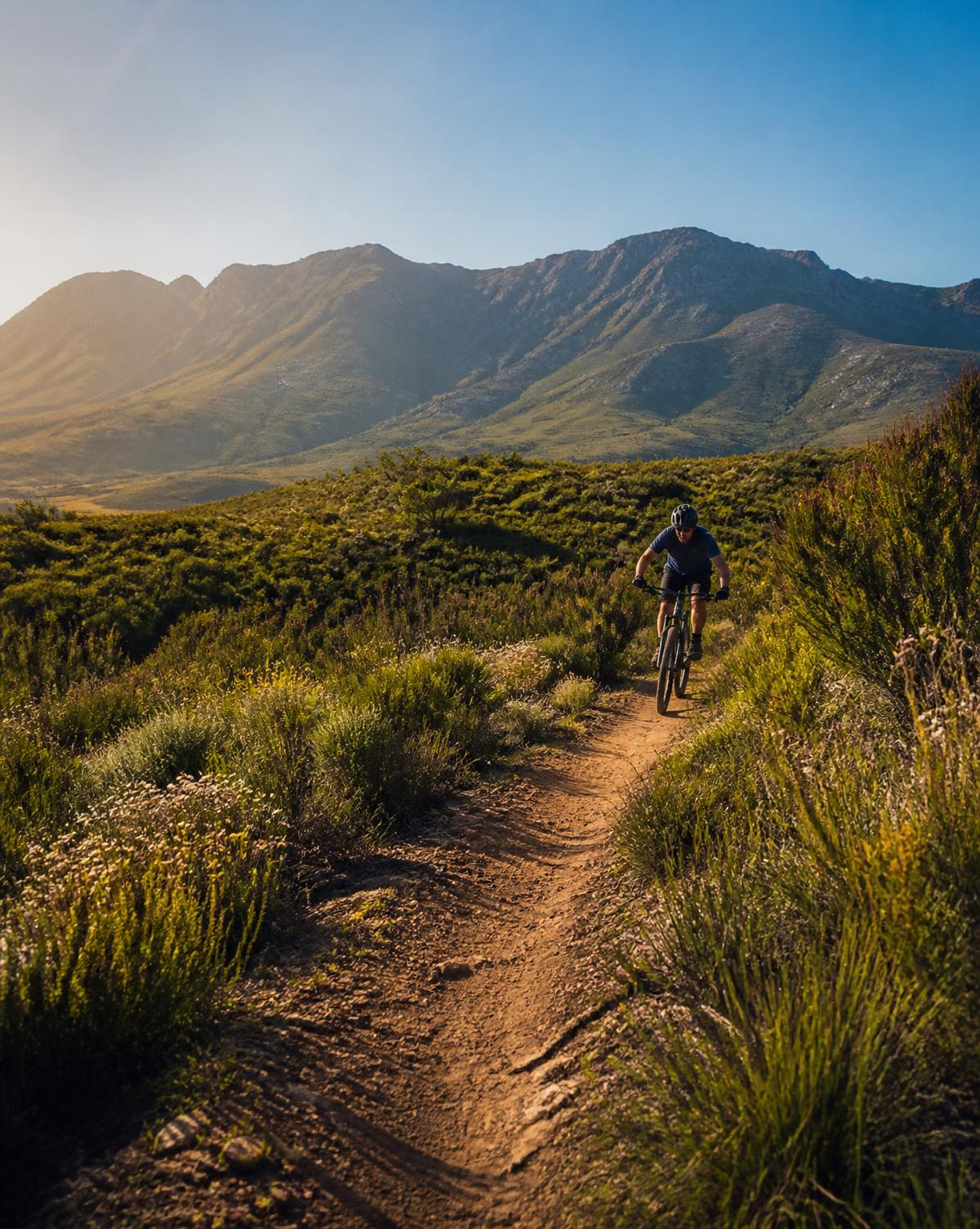A flowing single-track mountain bike trail cut through Cape fynbos below the Langeberg mountains